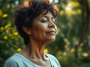 A middle-aged woman of color sitting outdoors in a relaxed environment, practicing a breathing exercise to relieve stress and anxiety. She appears calm and focused, with her eyes closed and her hands resting gently on her lap, surrounded by nature.